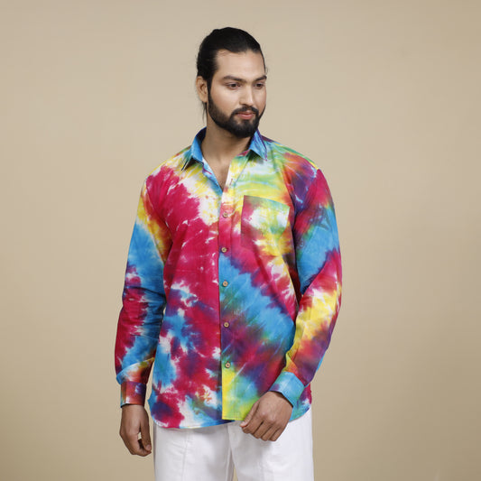 Multicolor Shibori Tie-Dye Cotton Men Full Sleeve Shirt