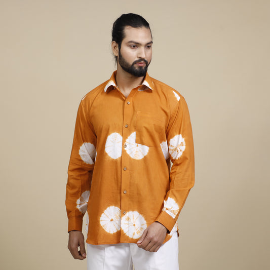 Orange & White Shibori Tie-Dye Cotton Men Full Sleeve Shirt