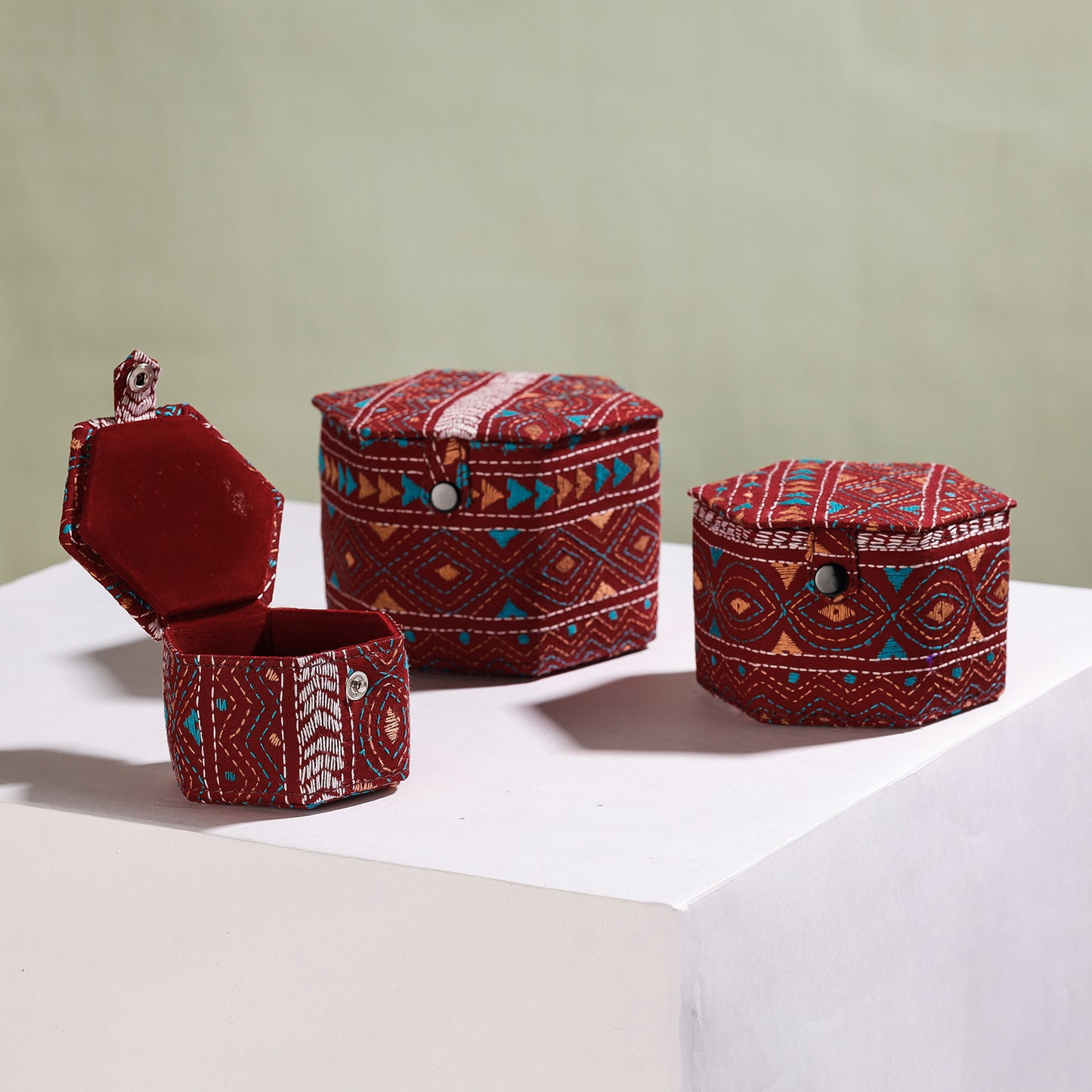 Bengal Kantha Work Handcrafted Hexagon Jewelry Box (Set of 3)
