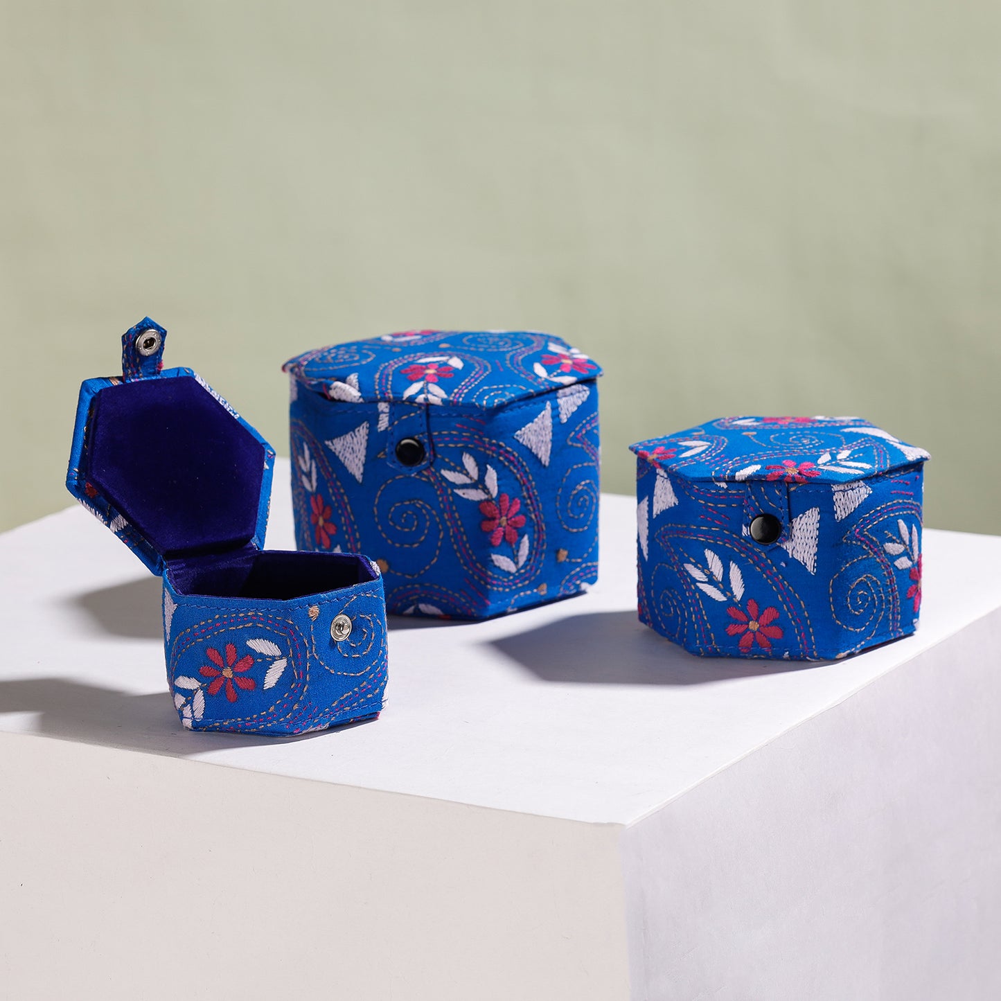 Blue Bengal Kantha Work Handcrafted Hexagon Jewelry Box (Set of 3)