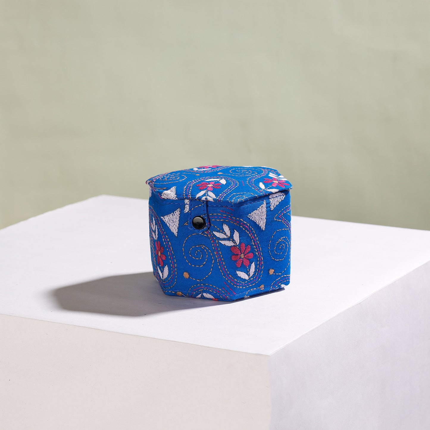 Blue Bengal Kantha Work Handcrafted Hexagon Jewelry Box (Set of 3)