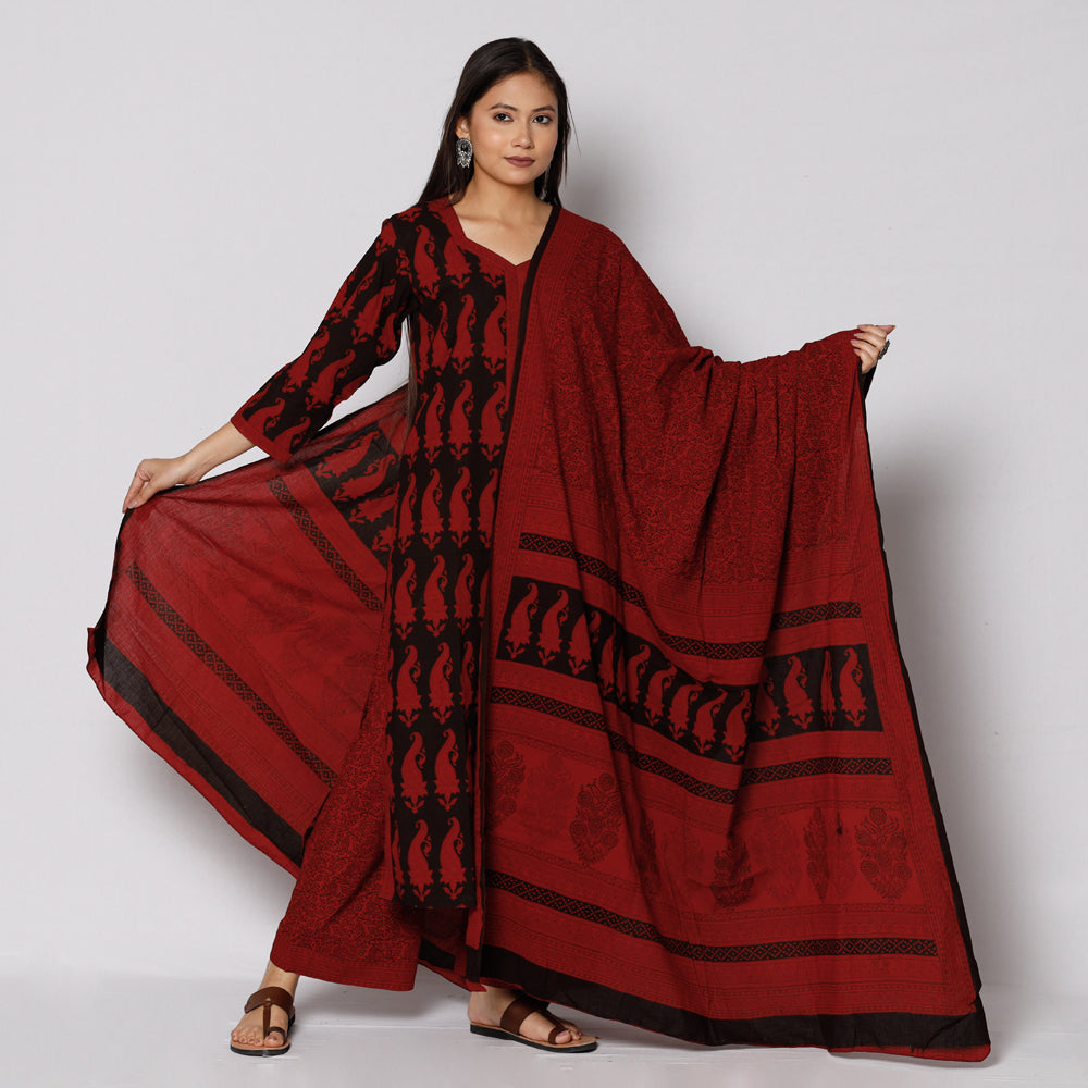 Brown - Bagh Block Printed Cotton Kurta with Palazzo Set