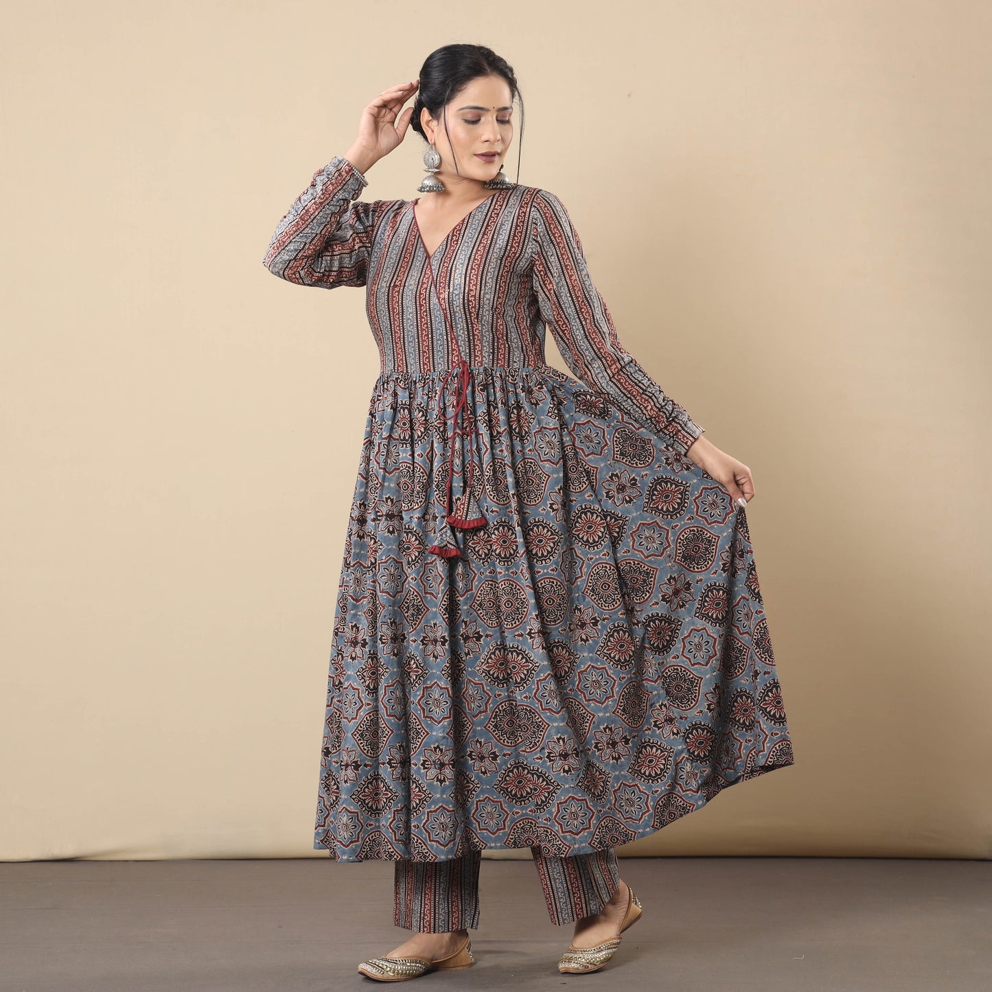 Indigo Red - Ajrakh Block Printed Cotton Flared Gher Kurta with Pant Set 01