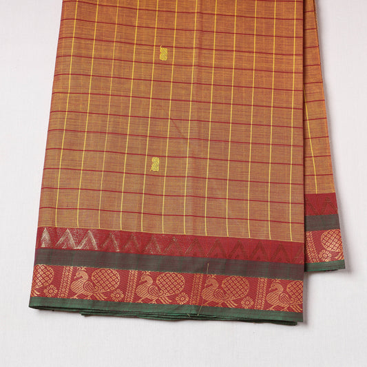 Orange - Kanchipuram Checks Cotton Buti Fabric with Thread Border