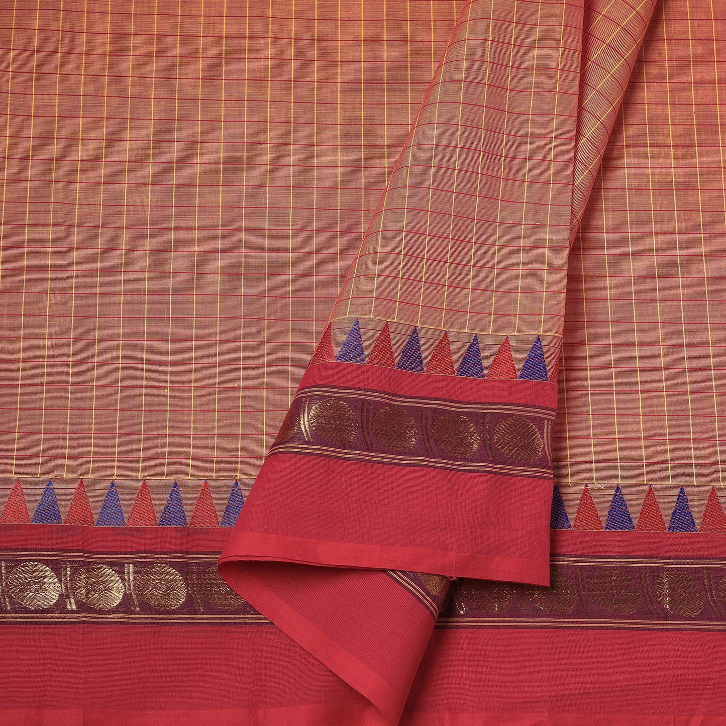 Orange - Kanchipuram Checks Cotton Fabric with Thread Border