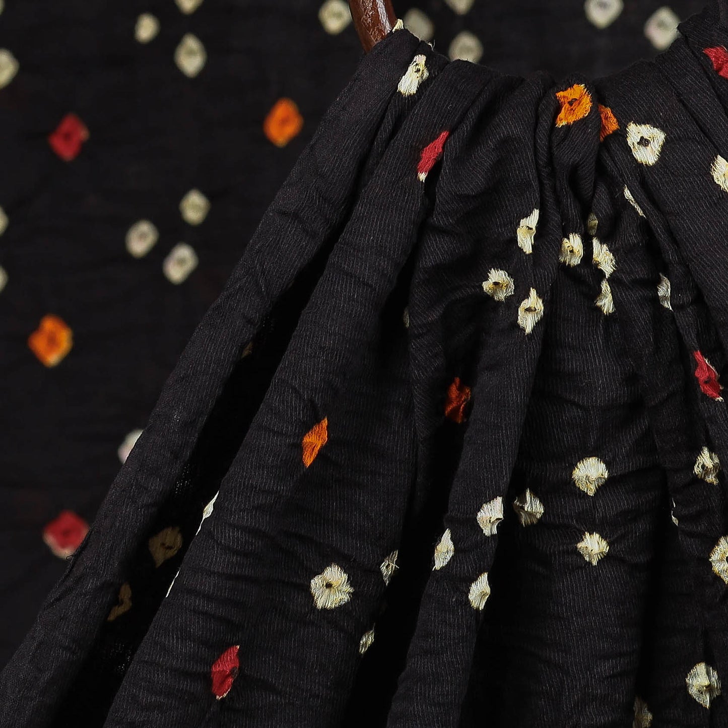 Midnight Black White Buti Kutch Bandhani Tie-Dye Mul Cotton Fabric
