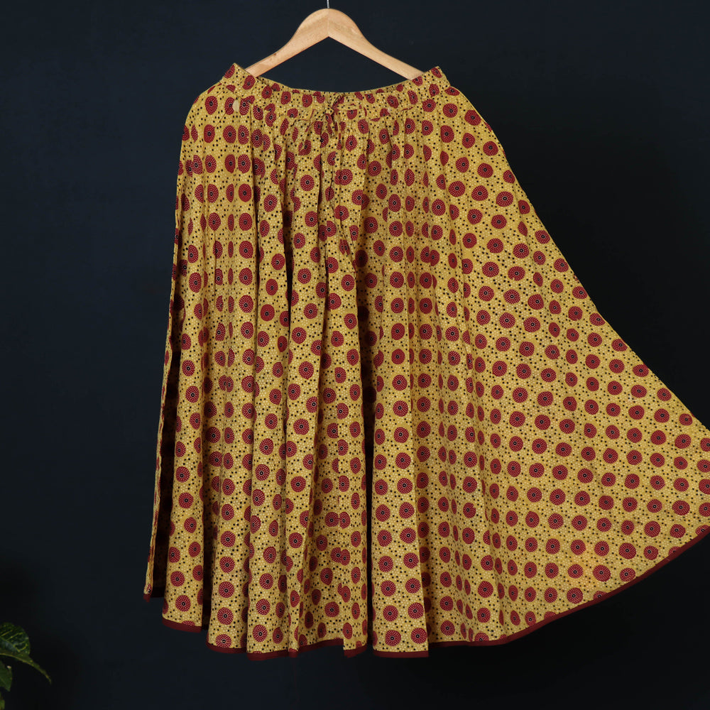 Yellow Kusumlata Hand Block Printed Cotton Crinkle Long Skirt