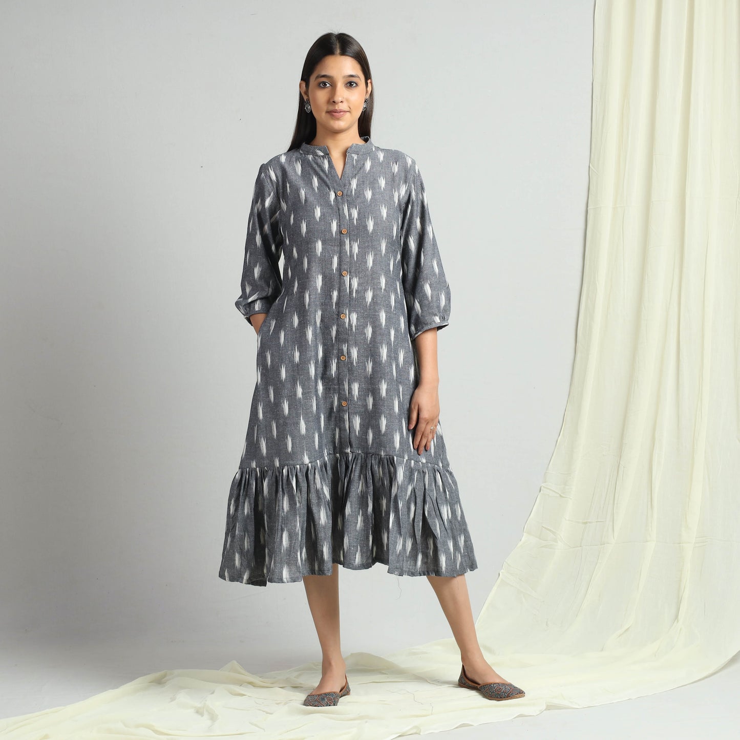 Grey - Pochampally Ikat Weave Flare Cotton Dress