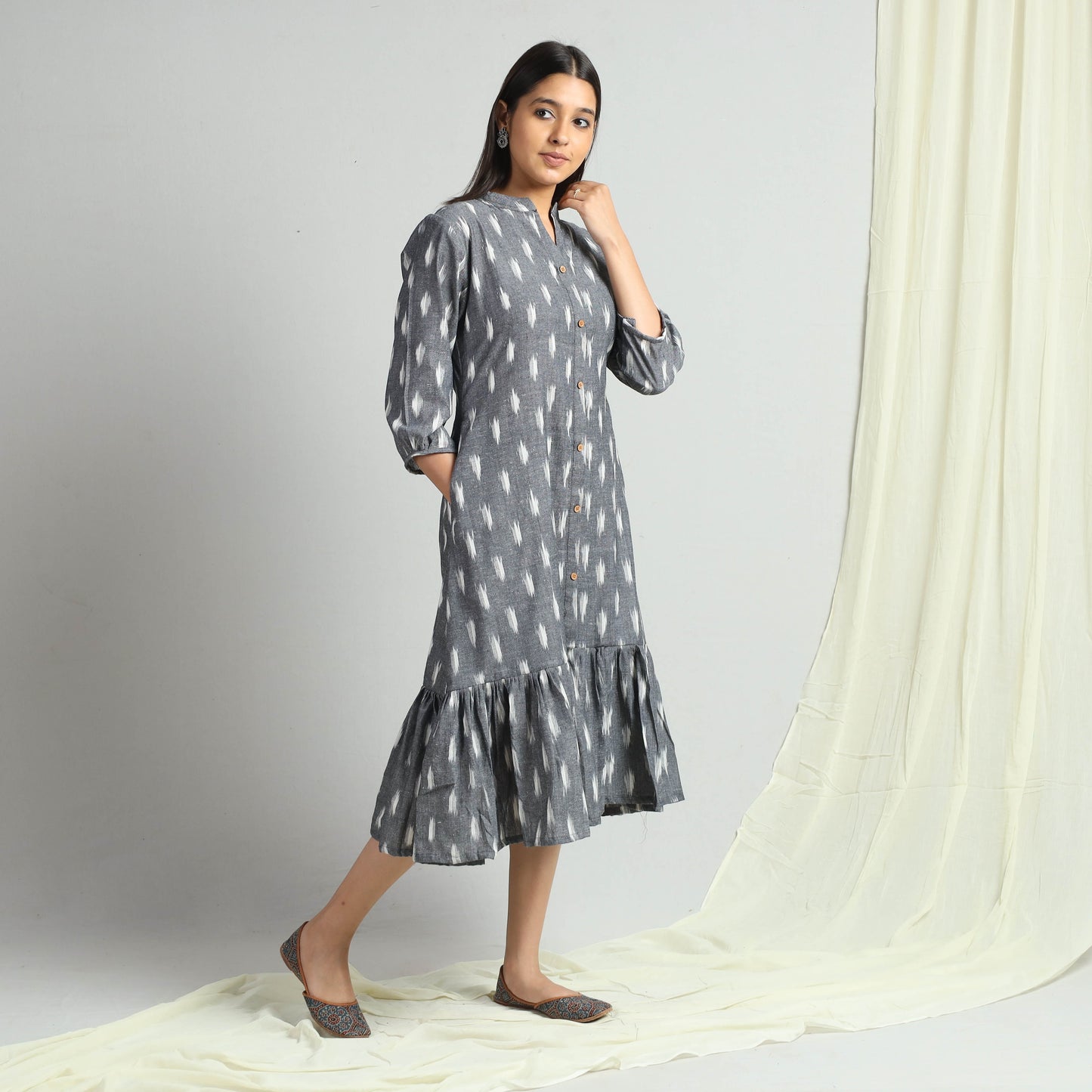 Grey - Pochampally Ikat Weave Flare Cotton Dress