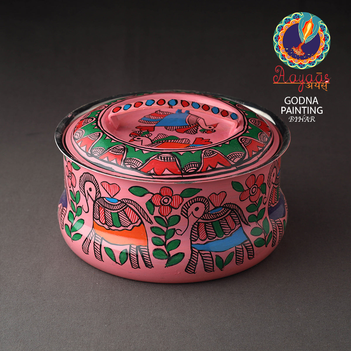 Maroon - Godna Madhubani Handpainted Stainless Steel Casserole