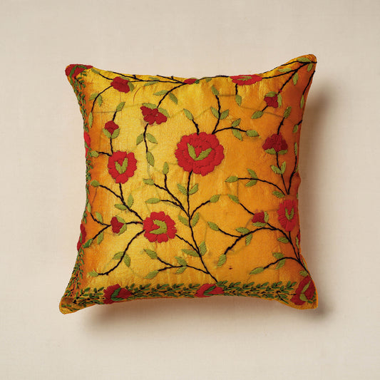 Yellow - Phulkari Hand Embroidery Chanderi Silk Cushion Cover (16 x 16 in)