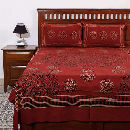 Ajrakh Block Printing Cotton Single Bed Cover with Pillow Covers (92 x 60 in)