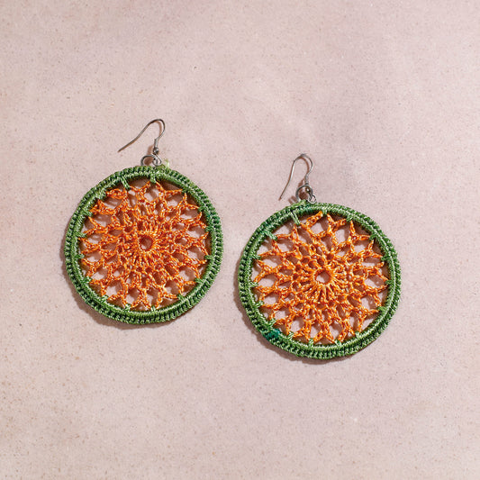 Samoolam Handmade Crochet Spider Web Hoop Earrings ~ Orange