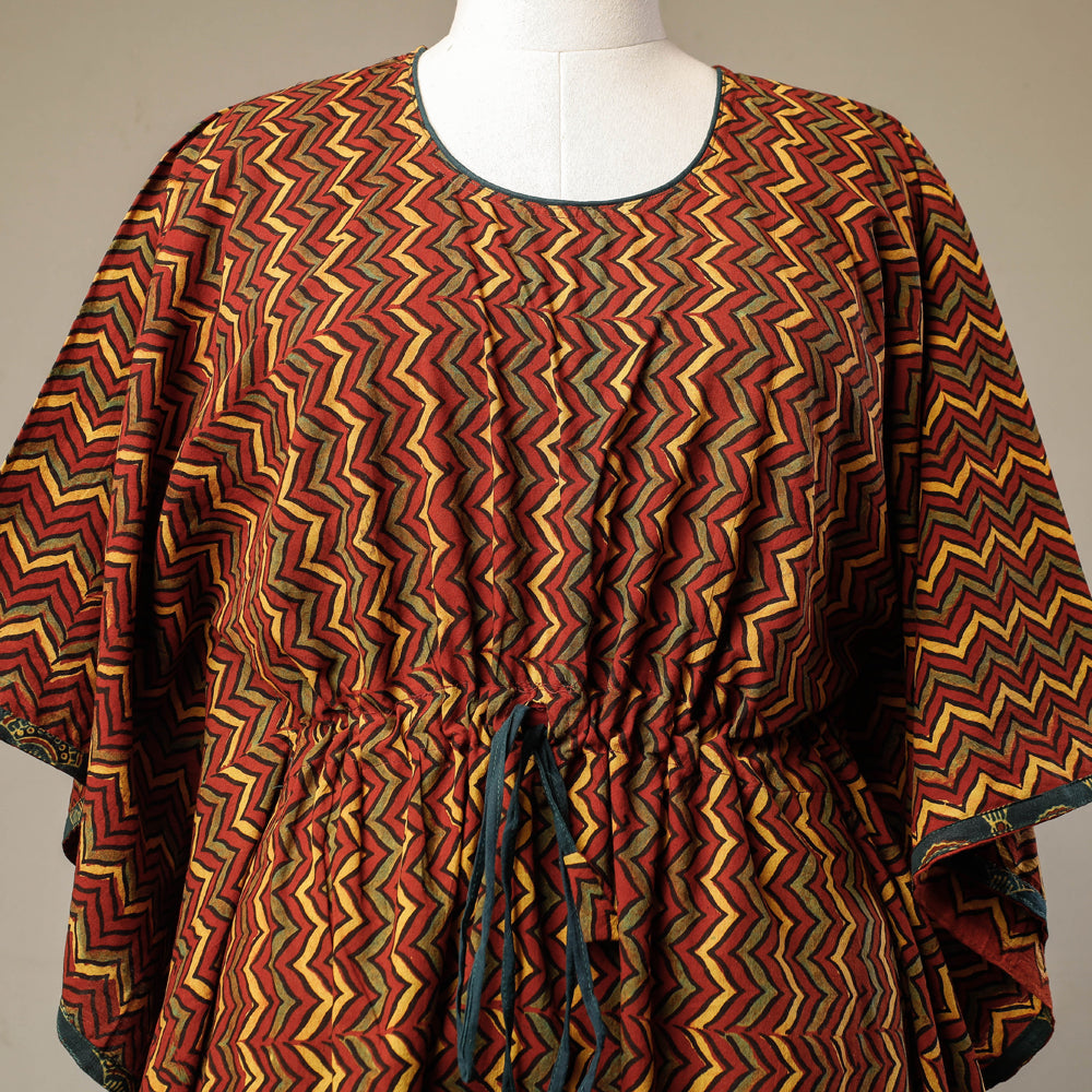 Ajrakh Hand Block Printed Cotton Kaftan with Tie-Up Waist (Long) l iTokri.com