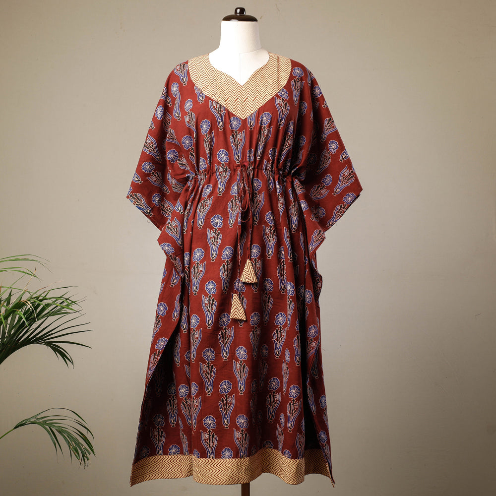 Ajrakh Hand Block Printed Cotton Kaftan with Tie-Up Waist (Long) l iTokri.com