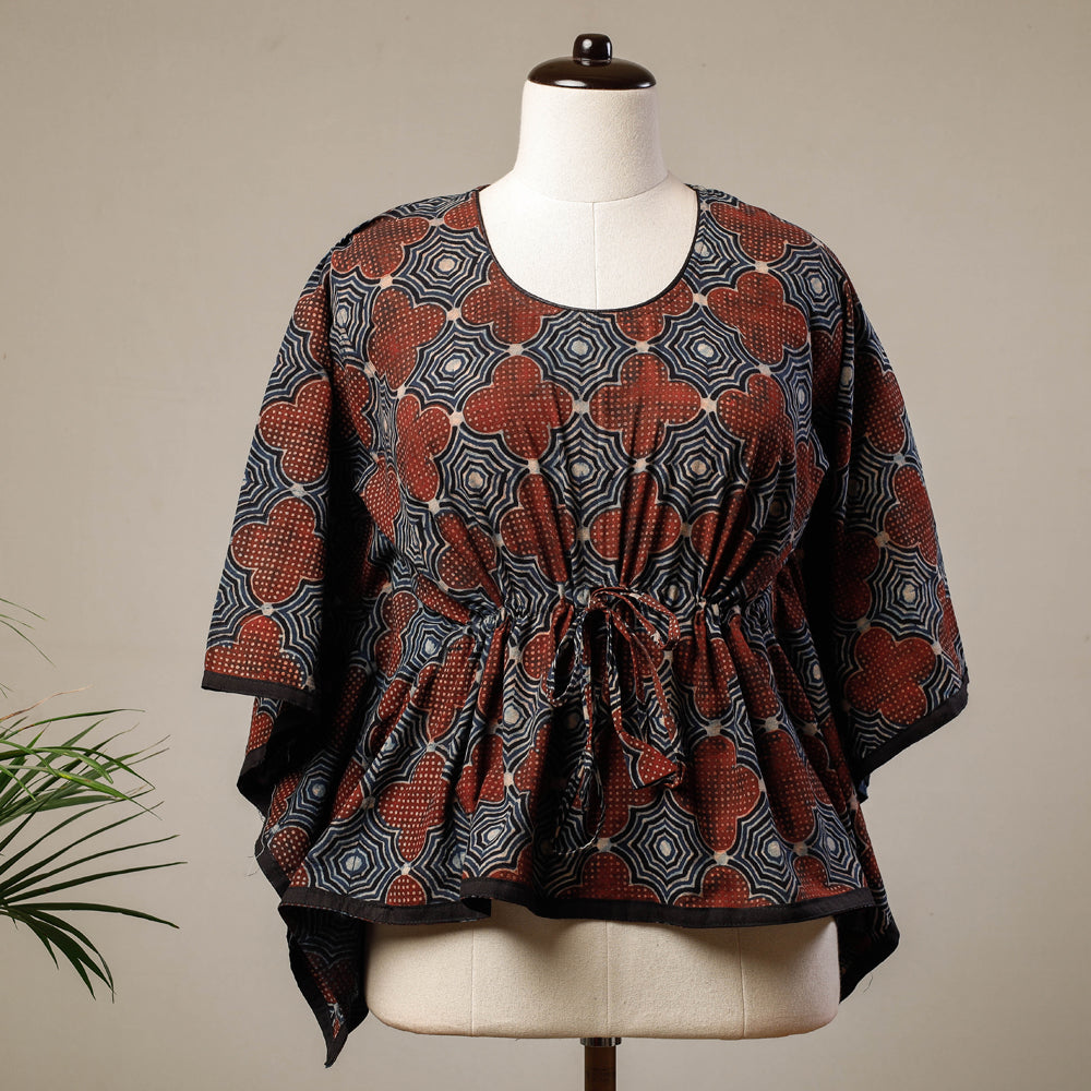 Red - Bagh Block Printed Cotton Kaftan with Tie-Up Waist (Short)