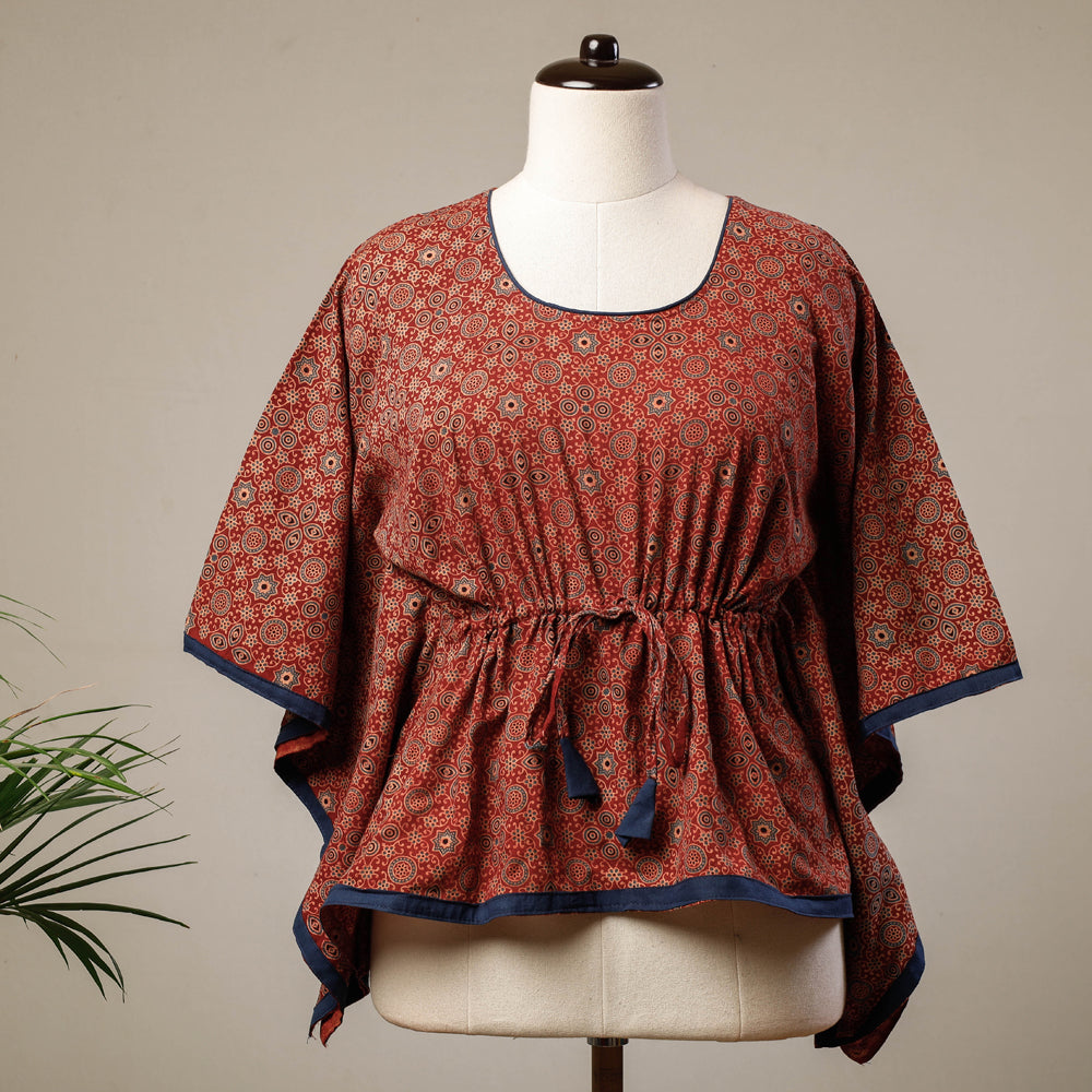 Buy Ajrakh Hand Block Printed Cotton Kaftan with Tie-Up Waist (Short) l iTokri.com