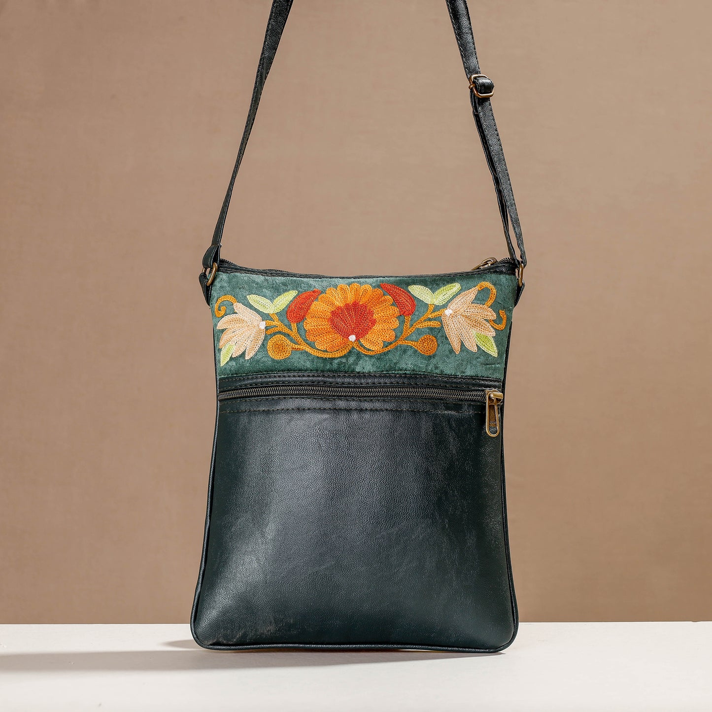 Green - Original Chain Stitch Embroidery Leather & Velvet Sling Bag
