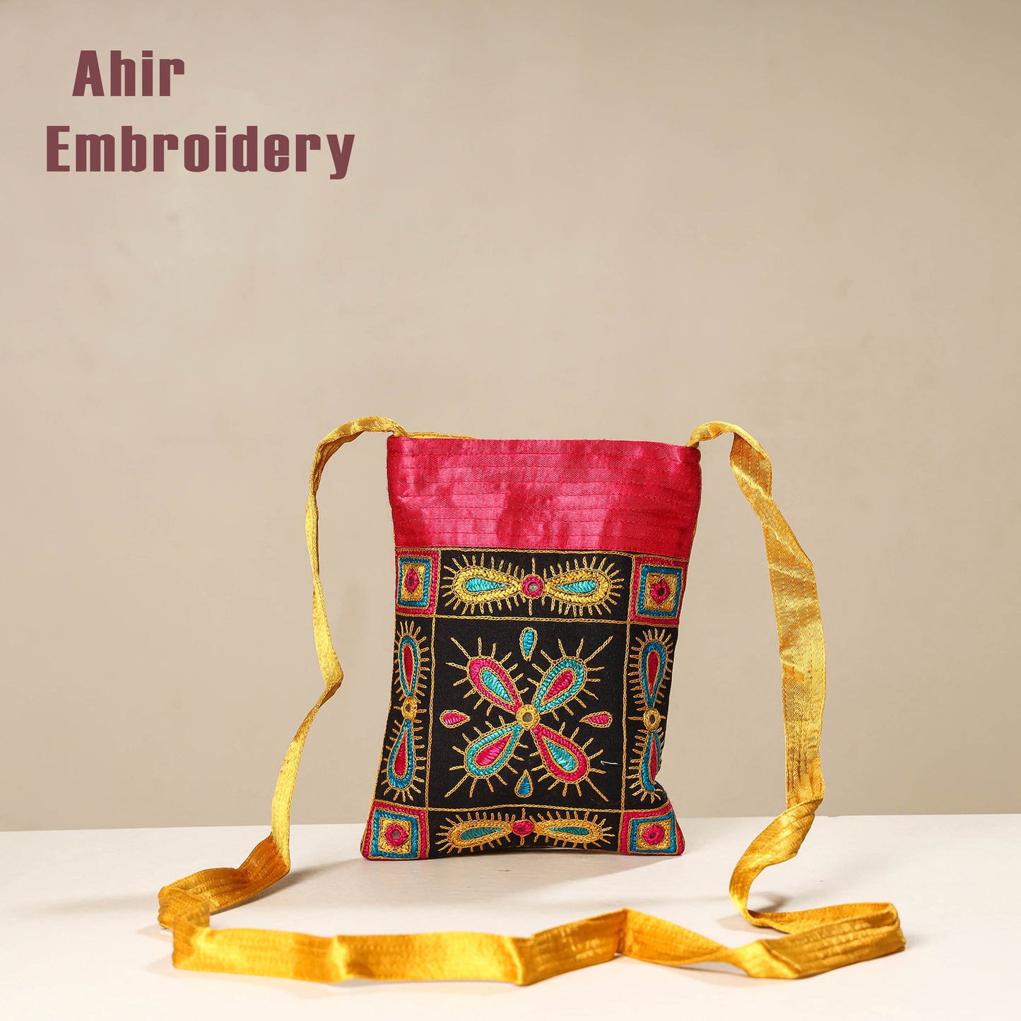 Black Kutch Ahir Embroidery Mashru Silk Sling Bag