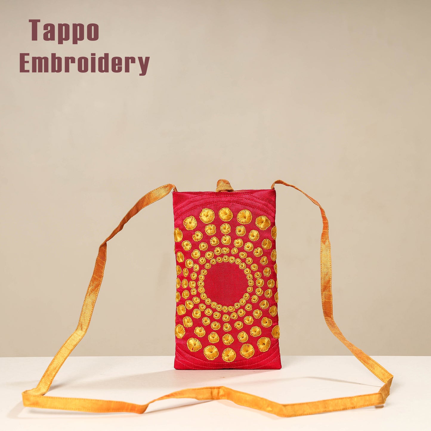 Pink Kutch Tappo Embroidery Mashru Silk Mobile Sling Bag