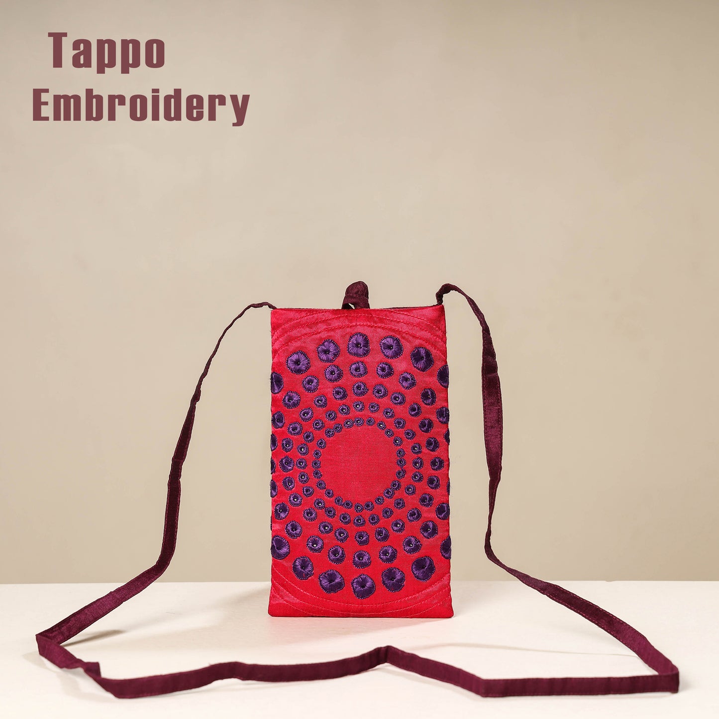 Pink Kutch Tappo Embroidery Mashru Silk Mobile Sling Bag