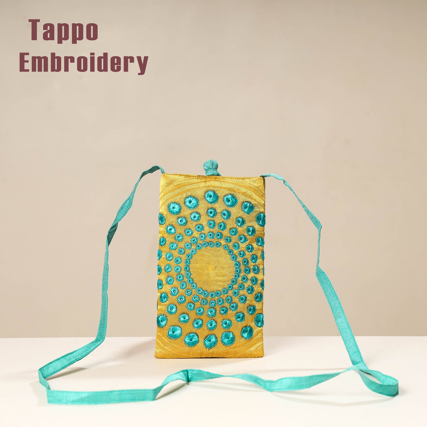 Yellow Kutch Tappo Embroidery Mashru Silk Mobile Sling Bag