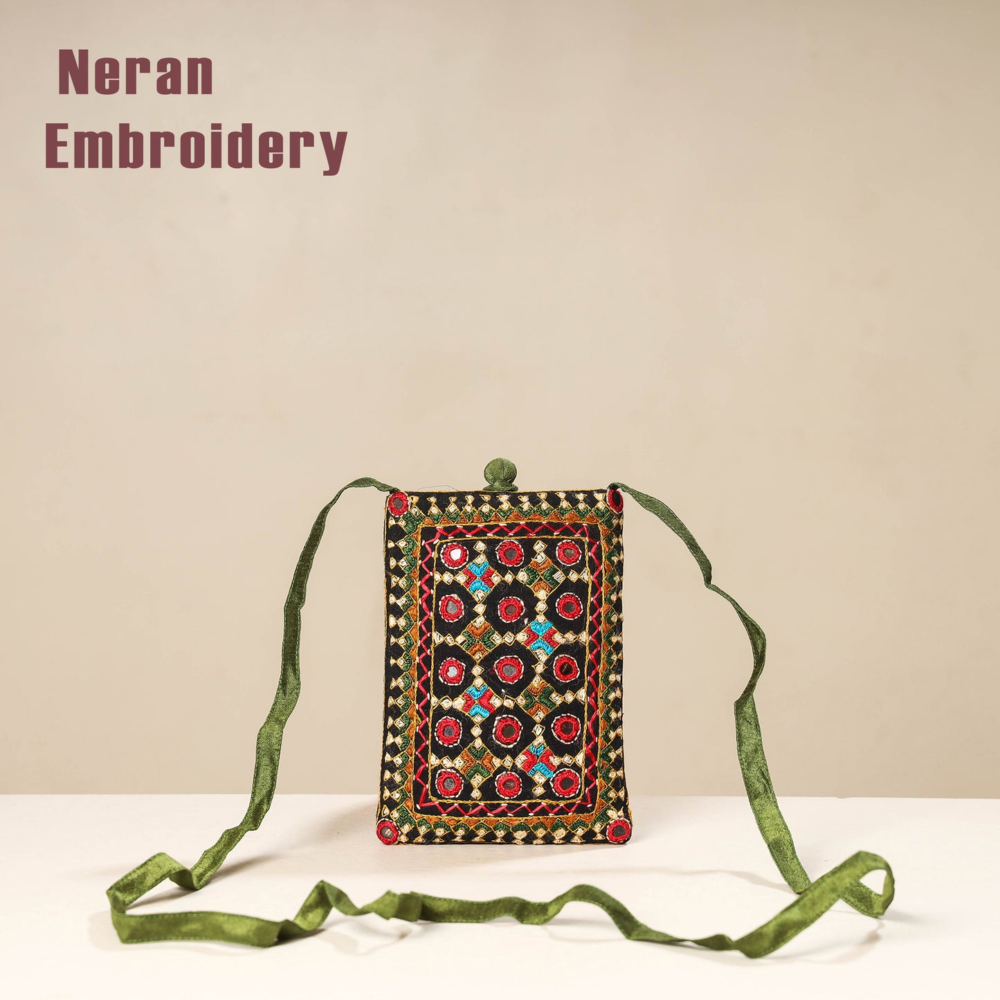 Green Kutch Neran Embroidery Mashru Silk Mobile Sling Bag