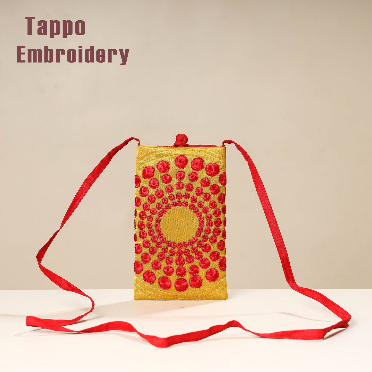 Yellow Kutch Tappo Embroidery Mashru Silk Mobile Sling Bag
