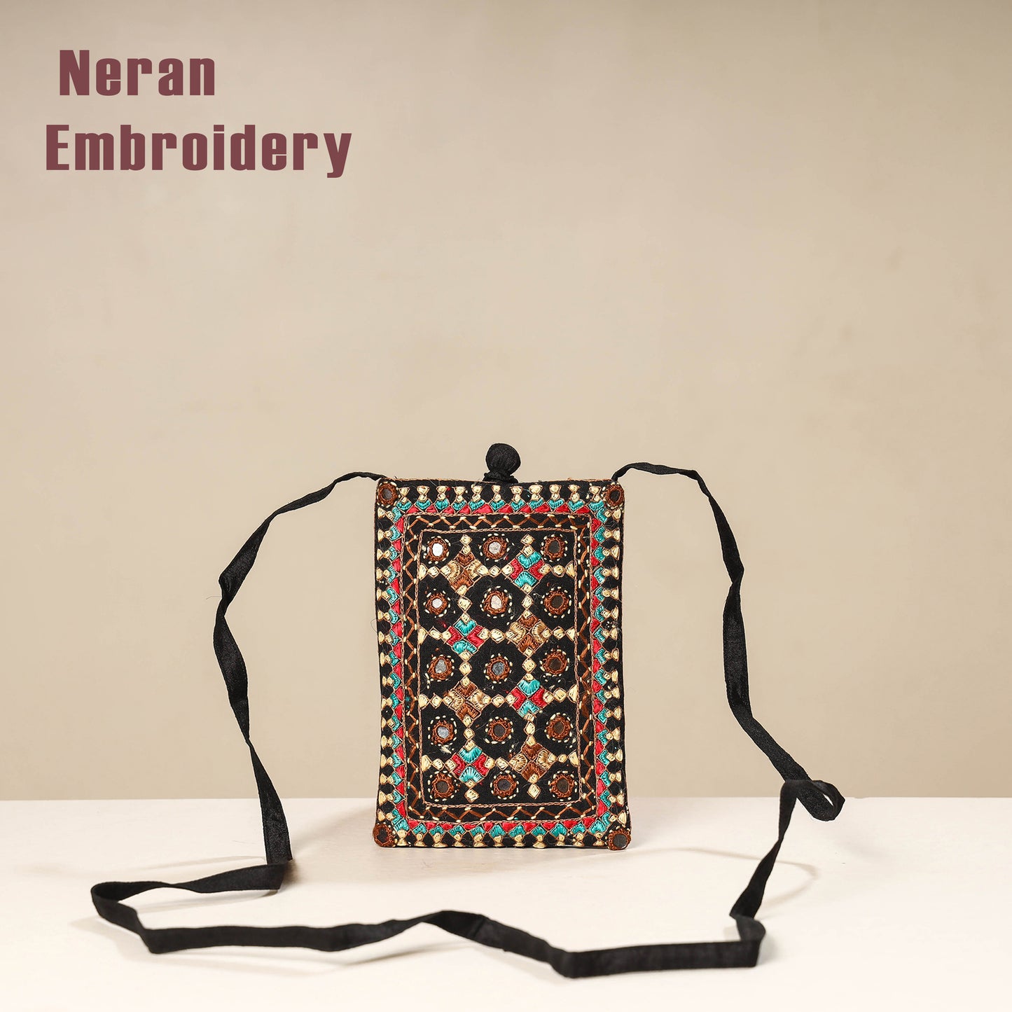 Multicolor Kutch Neran Embroidery Mashru Silk Mobile Sling Bag