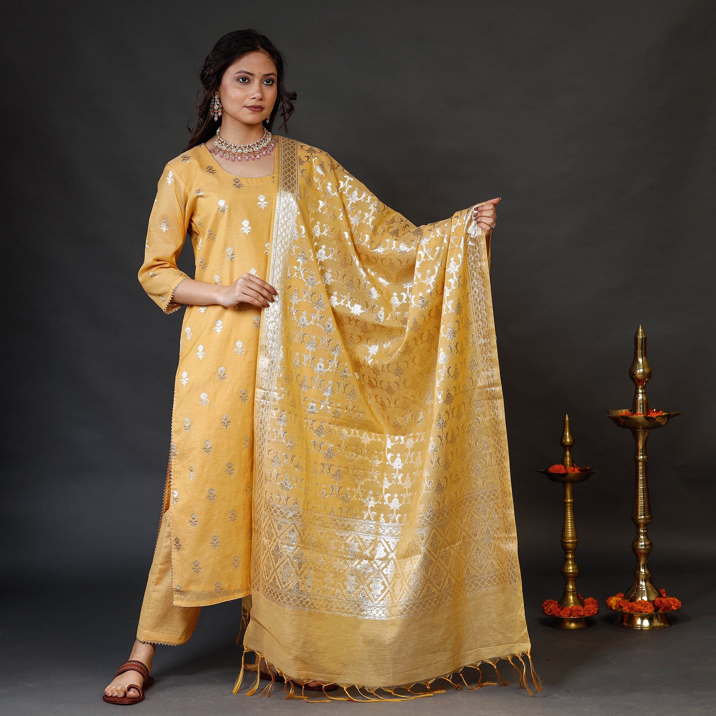 Yellow Banarasi Silk Cotton Kurta with Palazzo & Dupatta Set