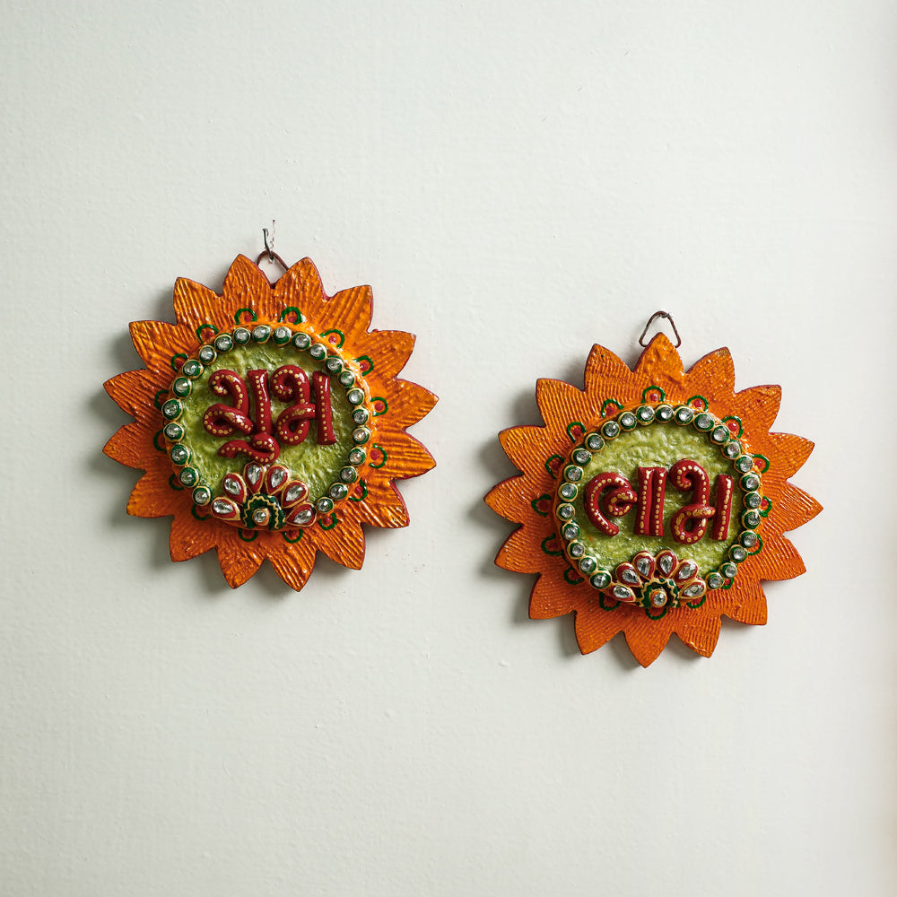 Diwali Decor Handpainted Wooden Shubh Labh Hangings (Set of 2)