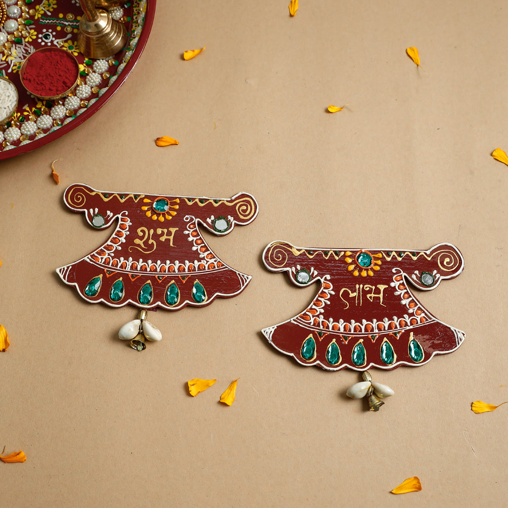 Diwali Decor Traditional Handpainted Wooden Shubh Labh (Set of 2)