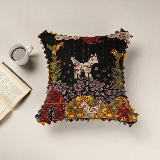 Black - Kala Raksha Applique Cutwork Cotton Cushion Cover (16 x 16 in)