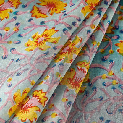 Multicolor - Yellow Blooms Sanganeri Block Printing Chanderi Silk Fabric