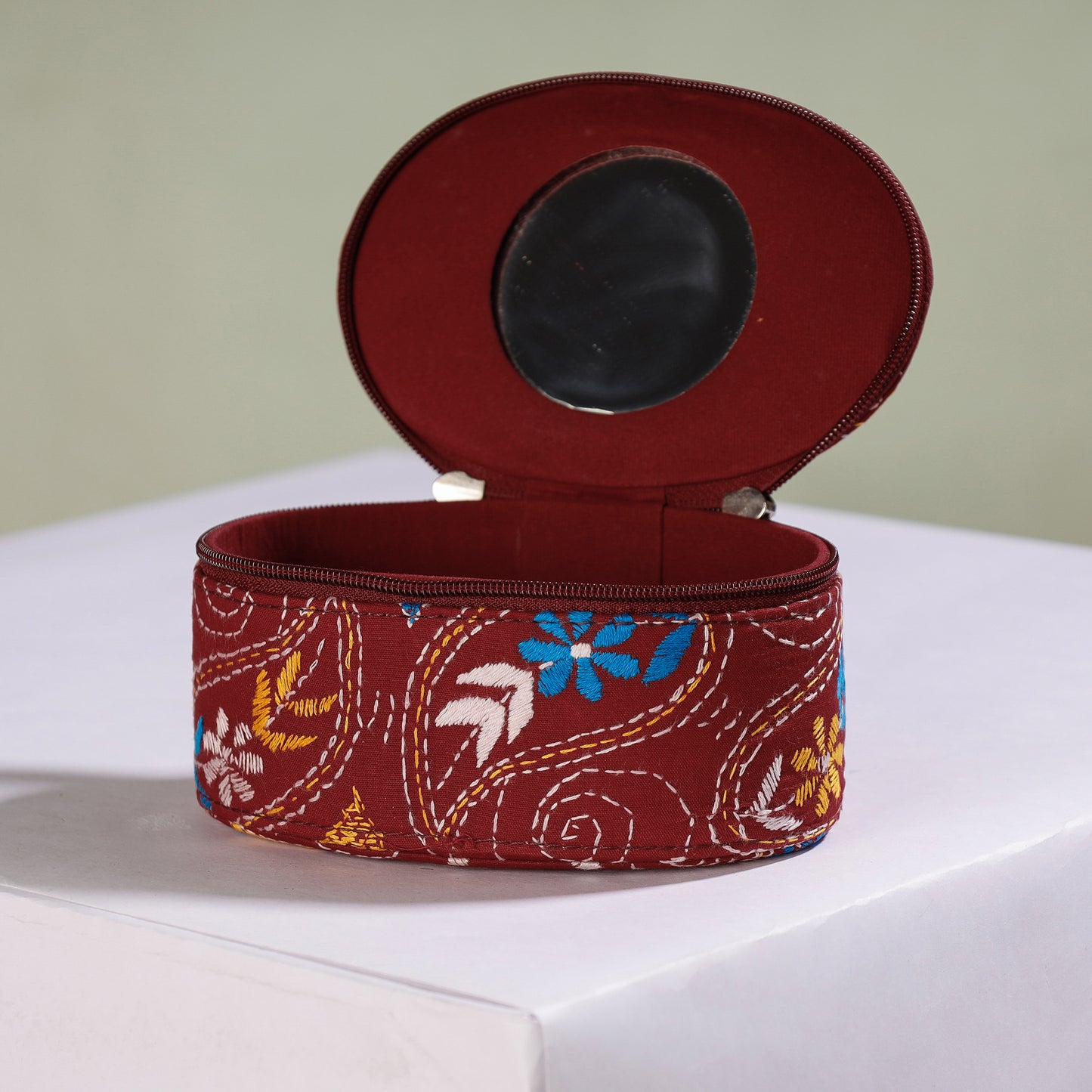 Red Bengal Kantha Work Handcrafted Oval Jewelry Box with Mirror