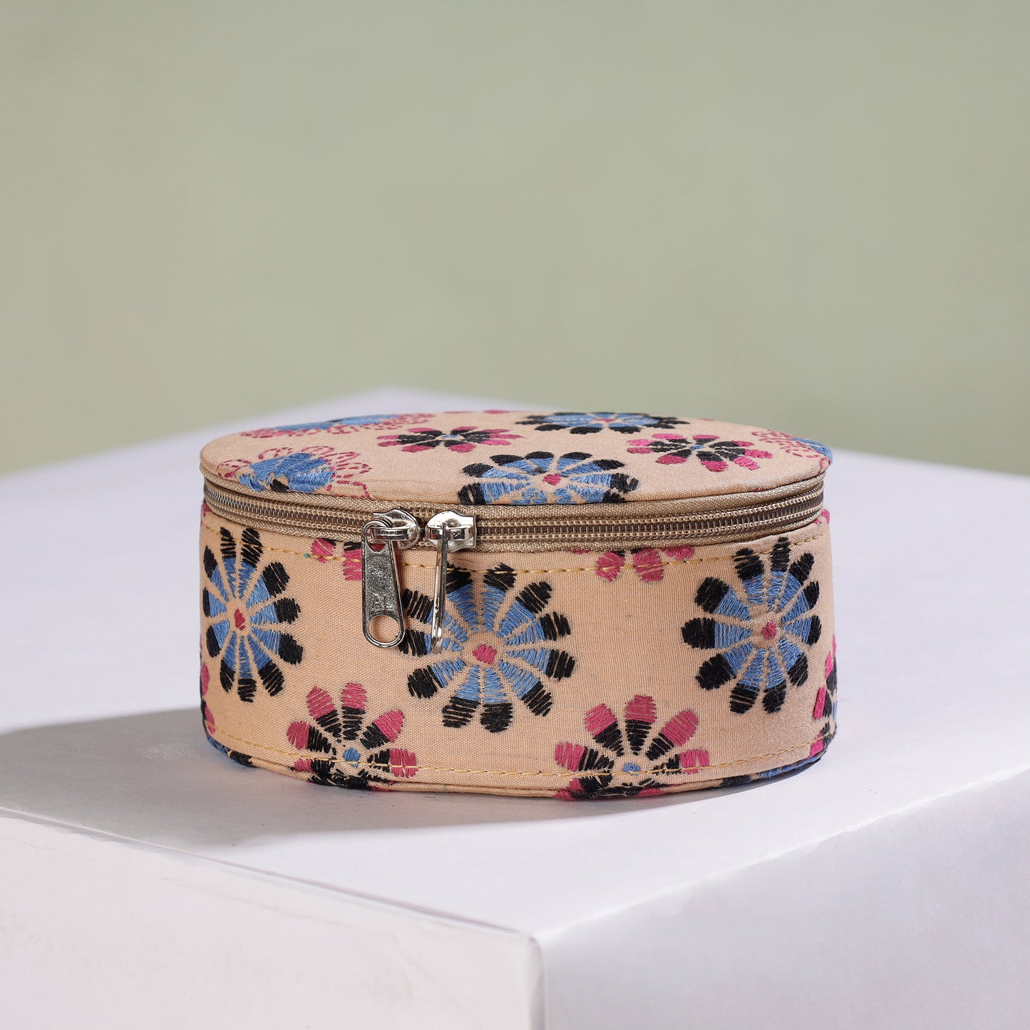 Beige Bengal Kantha Work Handcrafted Oval Jewelry Box with Mirror