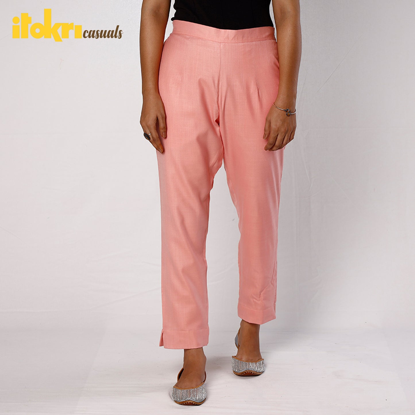 Baby Pink Flex Cotton Tapered Casual Pant for Women
