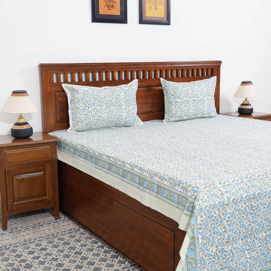 Blue - Sanganeri Block Printing Cotton Double Bed Cover with Pillow Covers (110 x 91 in)