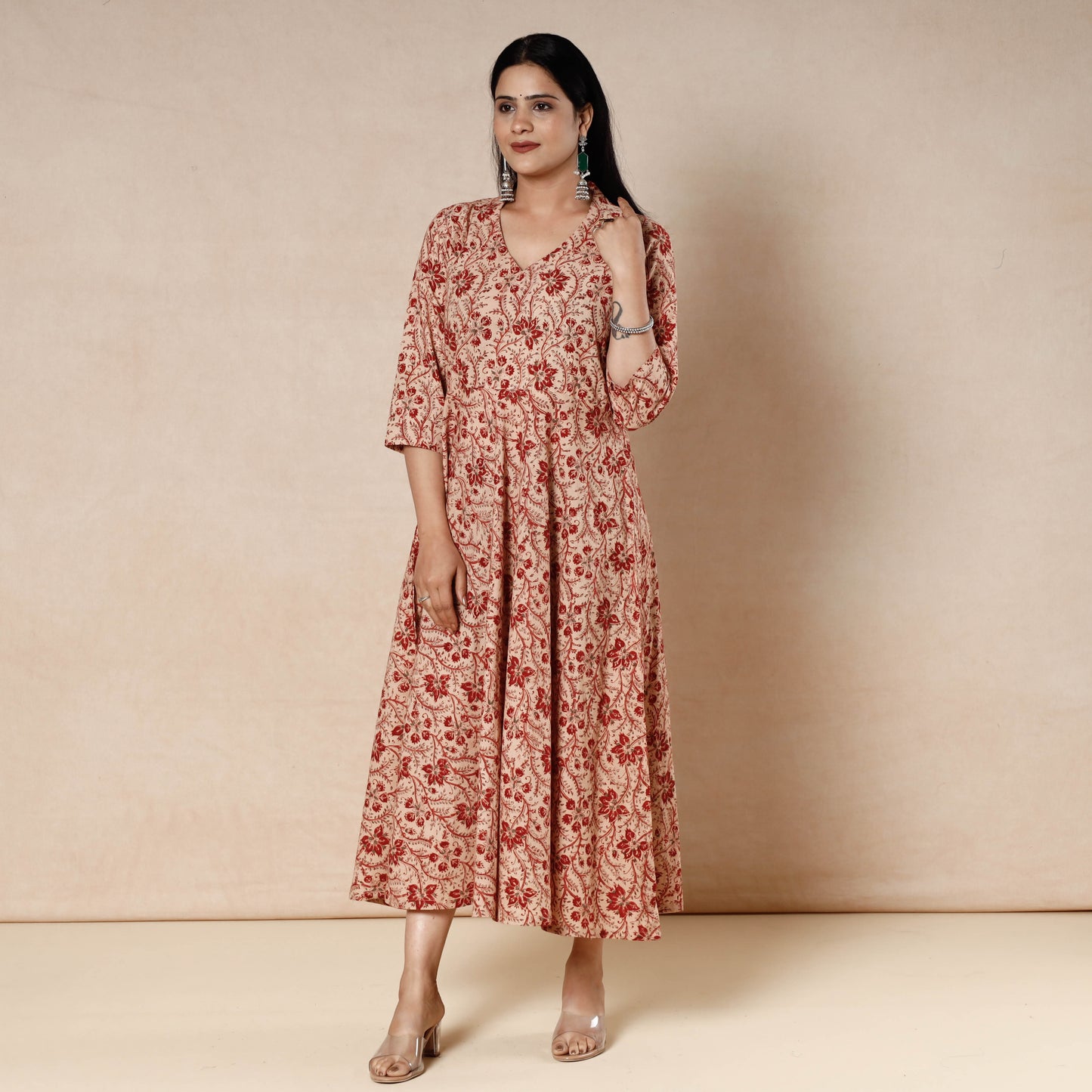Red - Kalamkari Block Printed Cotton Flared Gher Dress