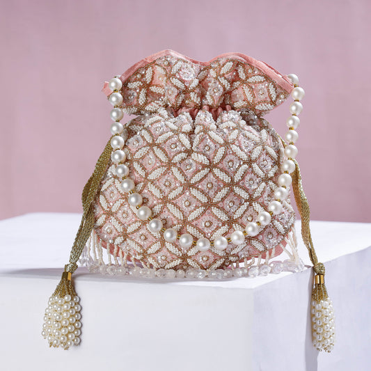 Baby Pink Hand Embroidery Beadwork Silk Potli Bag