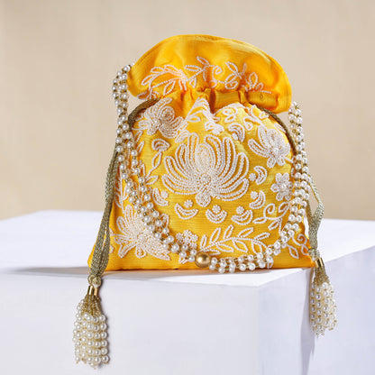 Yellow Hand Embroidery Beadwork Silk Potli Bag