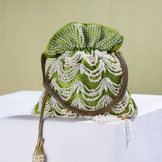 Lime Green Hand Embroidery Beadwork Silk Potli Bag