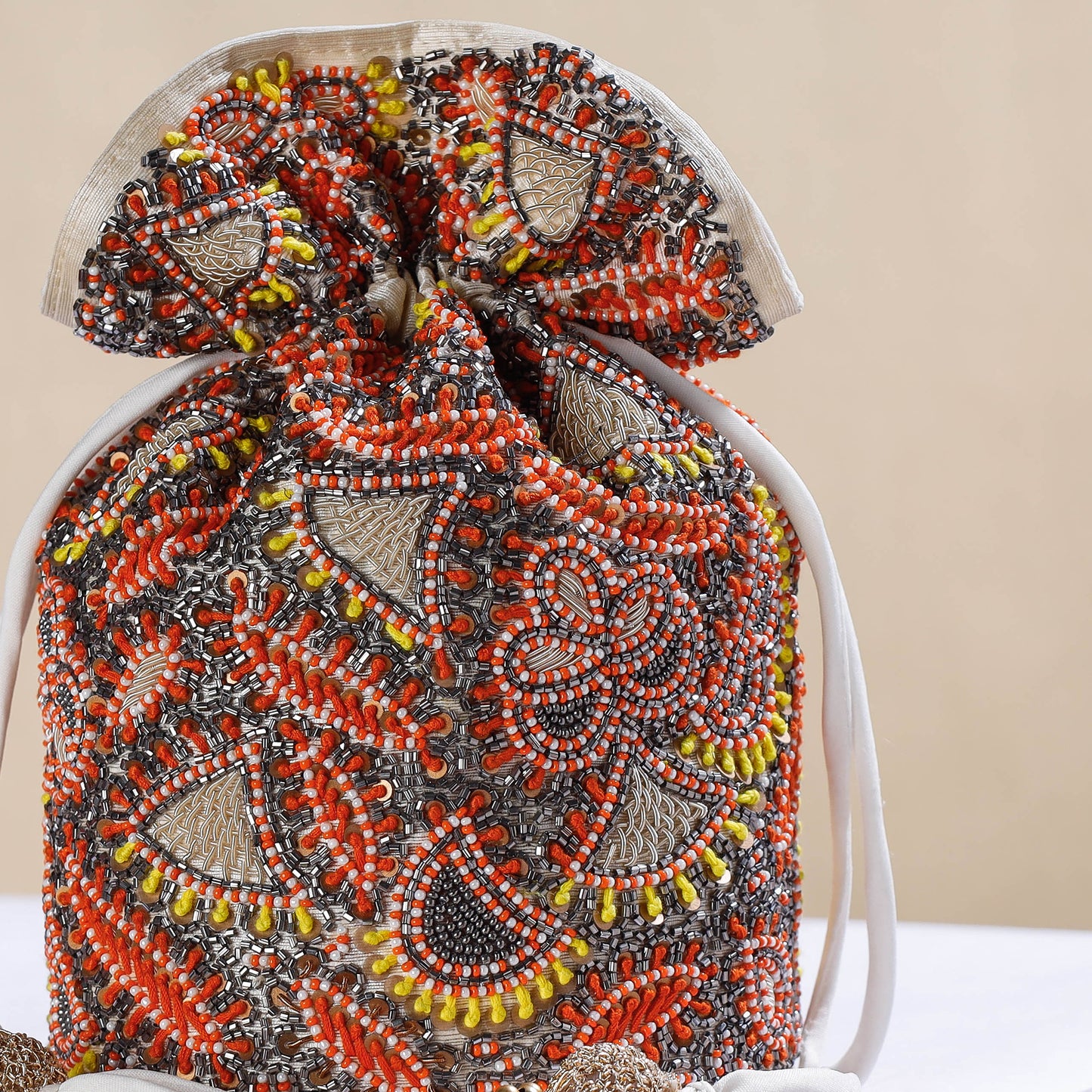 Multicolour All Over Hand Embroidery Beadwork Silk Bucket Potli Bag