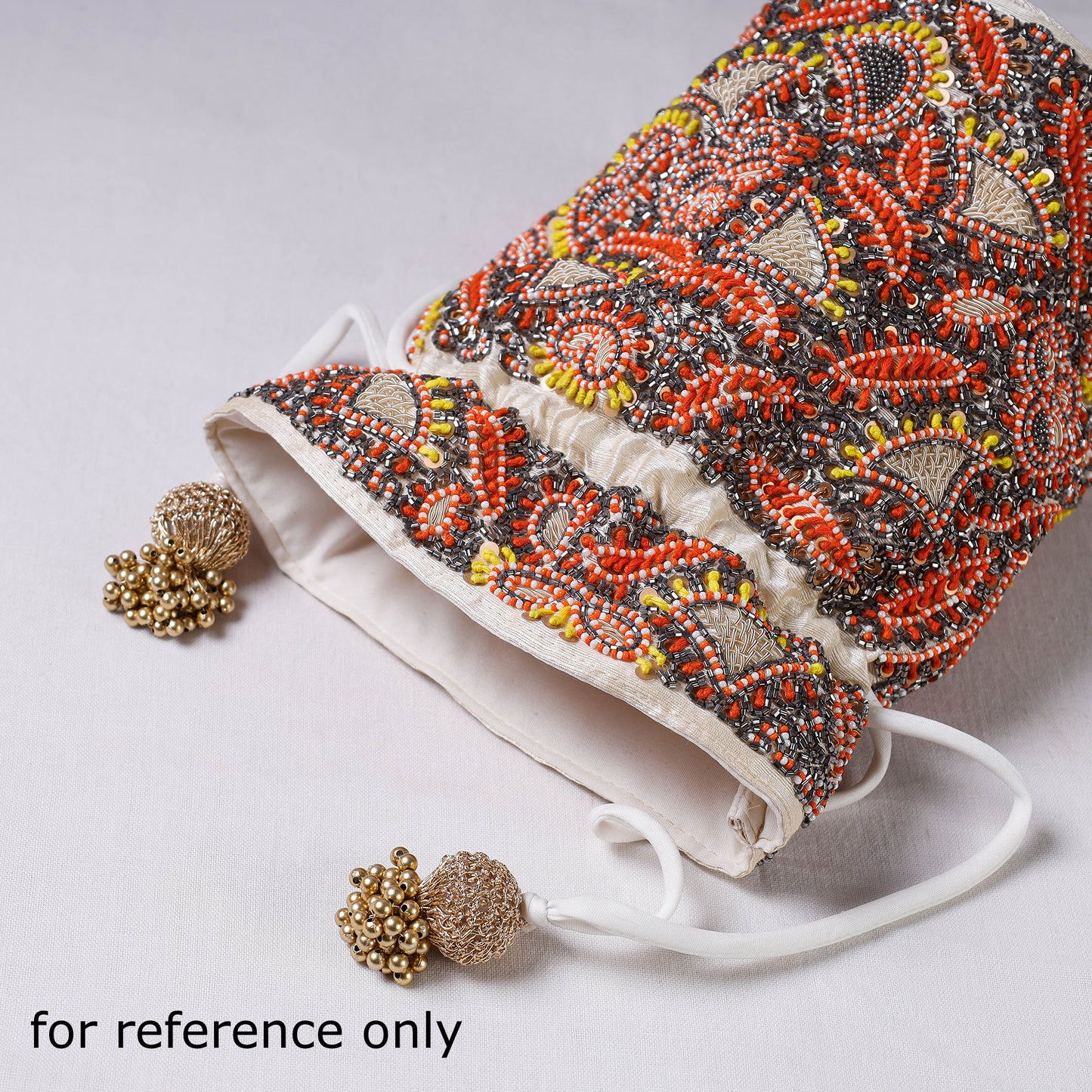 Multicolour All Over Hand Embroidery Beadwork Silk Bucket Potli Bag