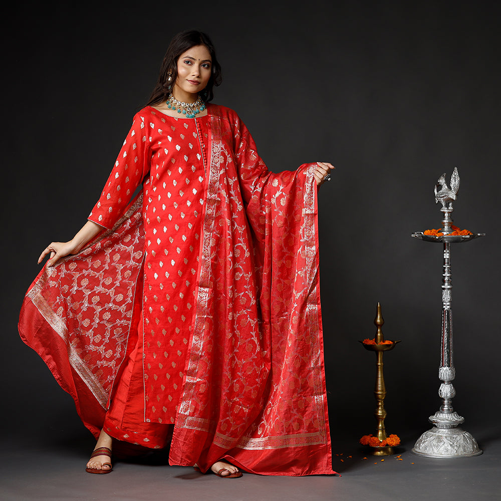Red - Banarasi Silk Zari Work Kurta with Palazzo & Dupatta Set