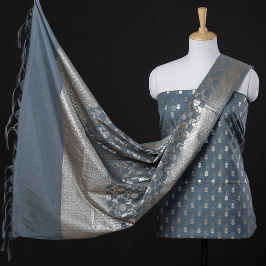 Grey - 3pc Banarasi Cotton Zari Weaving Suit Material Set