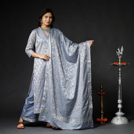 Grey - Banarasi Silk Zari Work Kurta with Palazzo & Dupatta Set
