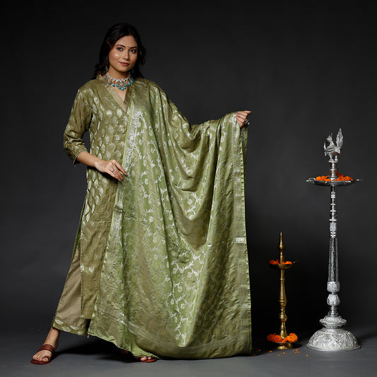 Moss Green Banarasi Silk Zari Work Kurta with Palazzo & Dupatta Set