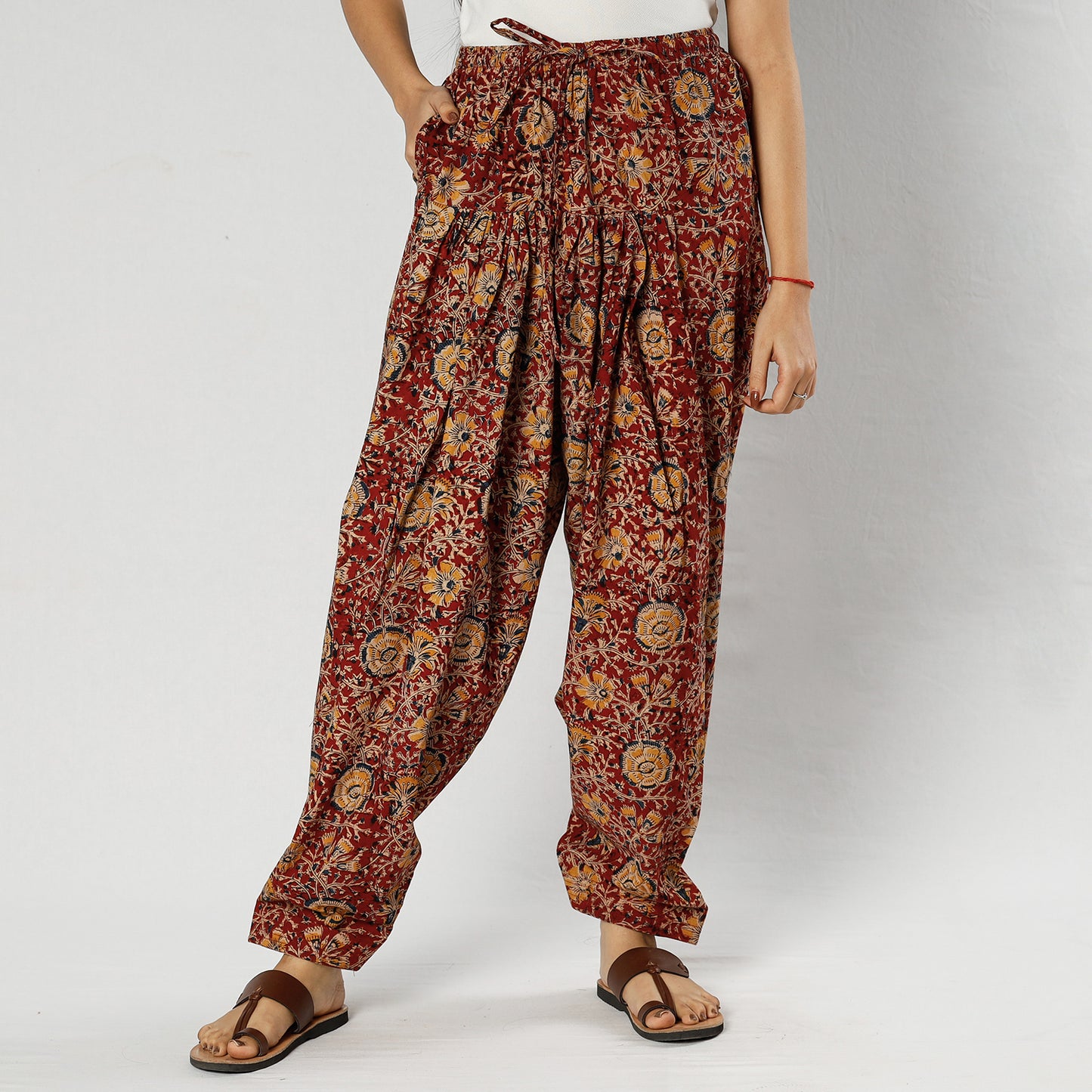 Maroon - Pedana Kalamkari Block Printing Cotton Elasticated Salwar