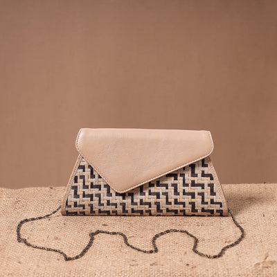 Beige - Sitalpati शीतल पाटी Grass Handwoven Sling Bag with Leather Flap